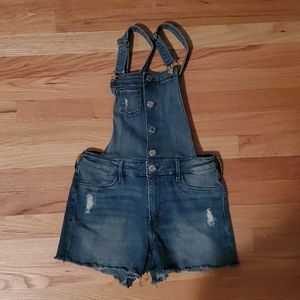 Distressed denim overall shorts
